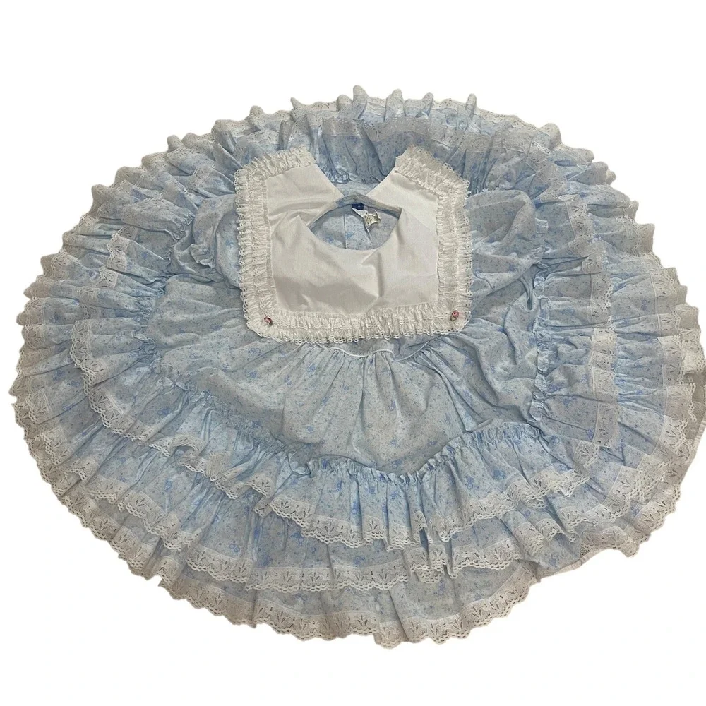 Vintage Golden Age Formal Dress Size 8 Blue & White‎ Ruffled Lace Round Tiered